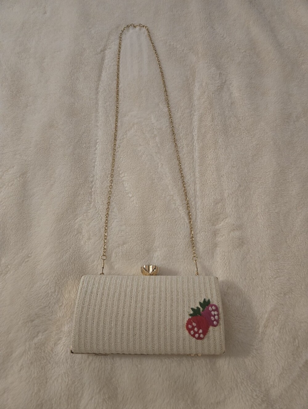 Women's Cream Straw Clutch with Strawberry Accent